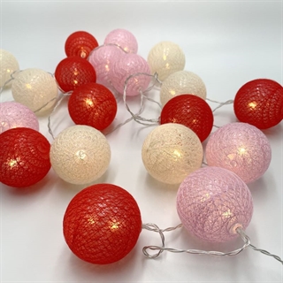 LED lyskæde med røde, lyserøde og mælkehvide kugler - 3 M 20 lys - diameter 6 cm